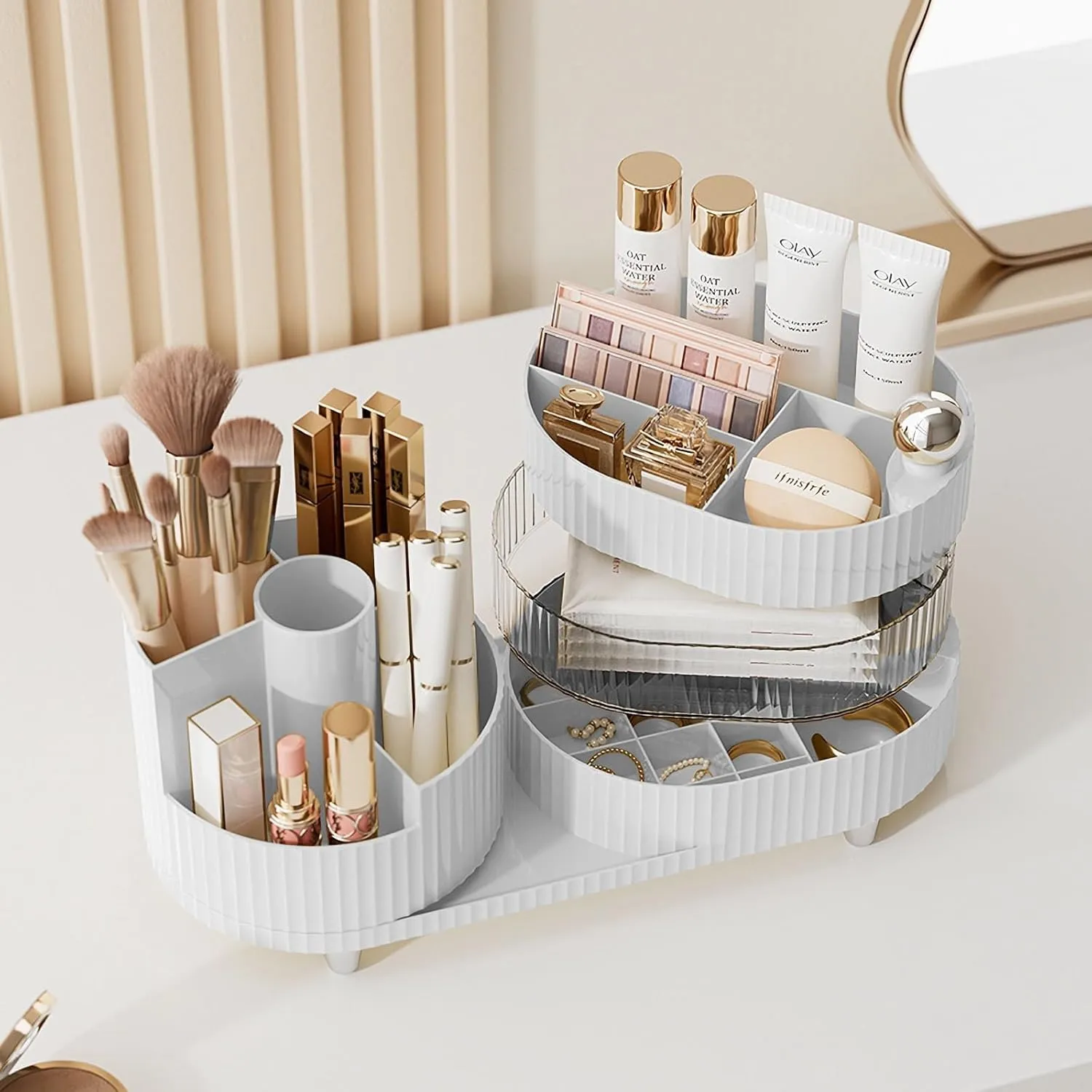Makeup Organizer Countertop 360°Rotating Makeup Organizer for Vanity - Make Up & Jewelry Storage Cosmetic Storage Holder with Makeup Brush Holder (3 Tiers, White)