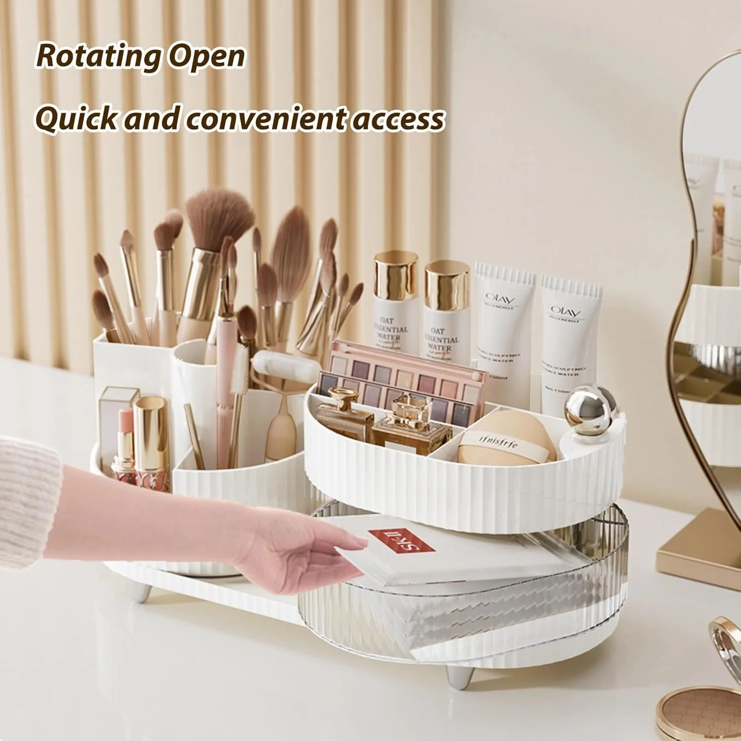 Makeup Organizer Countertop 360°Rotating Makeup Organizer for Vanity - Make Up & Jewelry Storage Cosmetic Storage Holder with Makeup Brush Holder (3 Tiers, White)