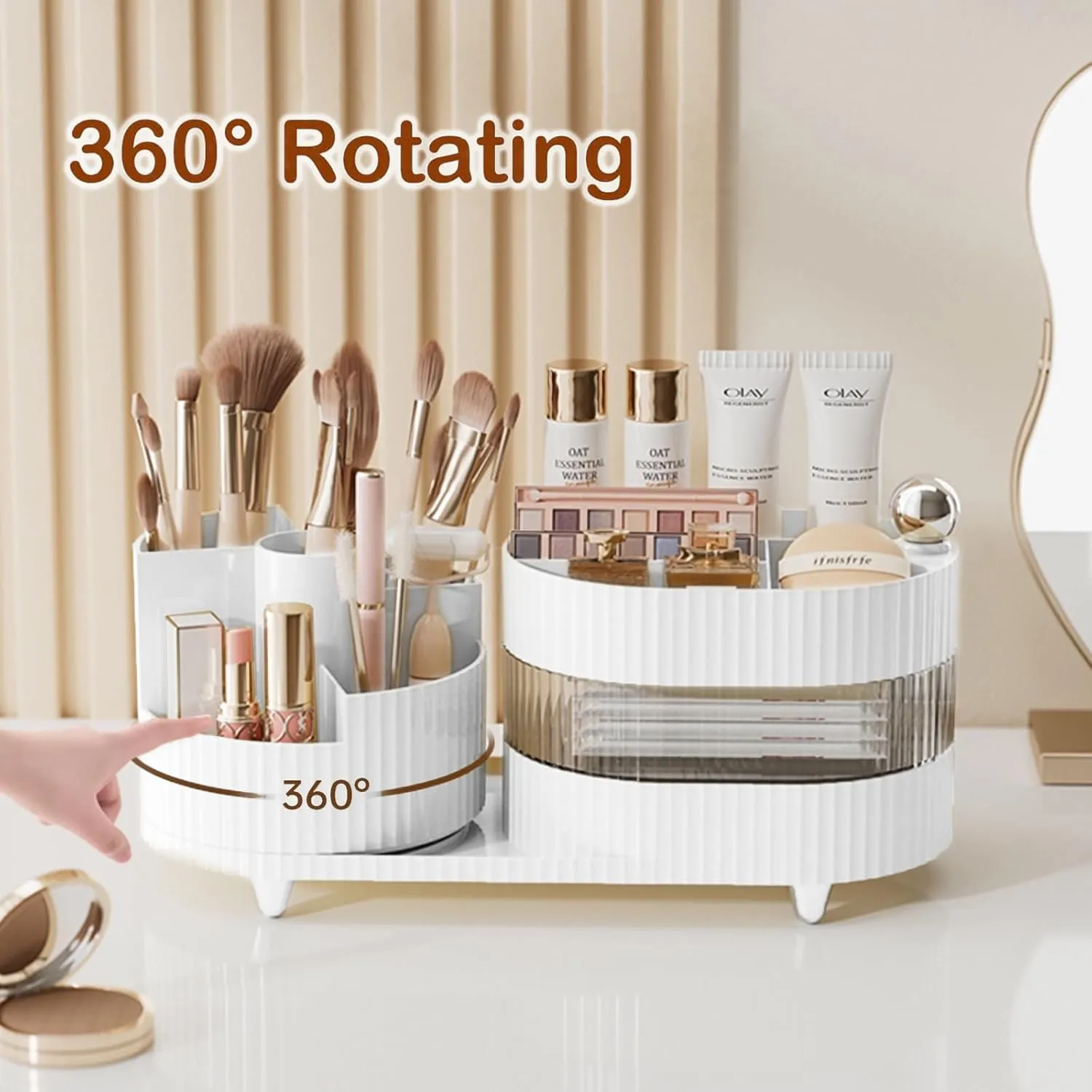 Makeup Organizer Countertop 360°Rotating Makeup Organizer for Vanity - Make Up & Jewelry Storage Cosmetic Storage Holder with Makeup Brush Holder (3 Tiers, White)