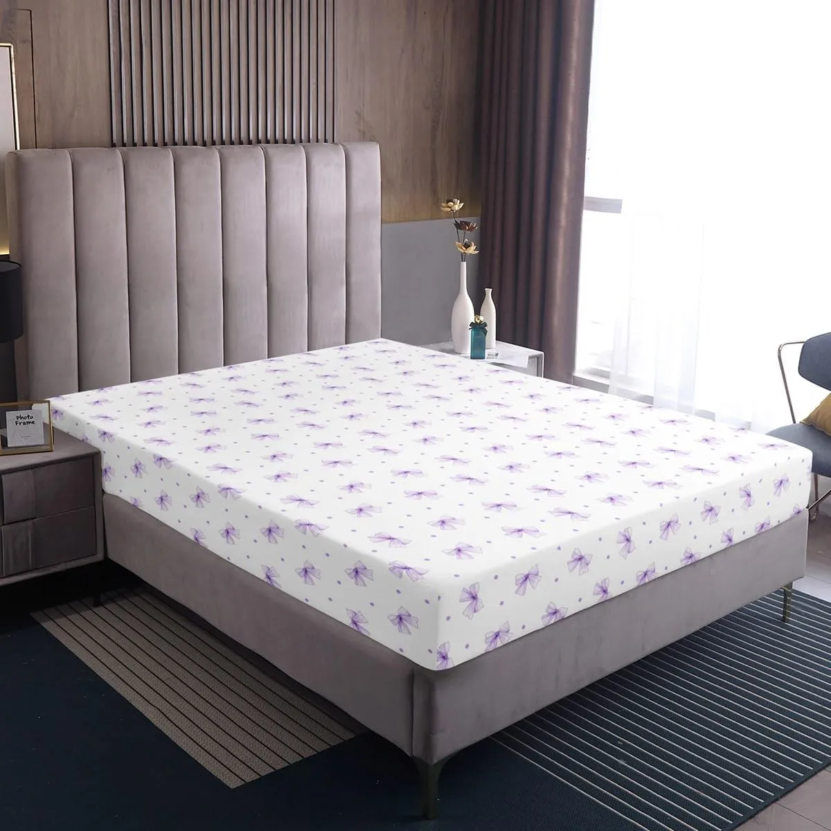 Manfei Purple Cartoon Bowknot Kids Sheet Full Size,Cute Bow Tie Knot Princess Girls Bedding Set,Geometric Dots Patchwork Romantic Chic Bed Sheet Set 4pcs(Fitted   Flat   2 Pillowcases)