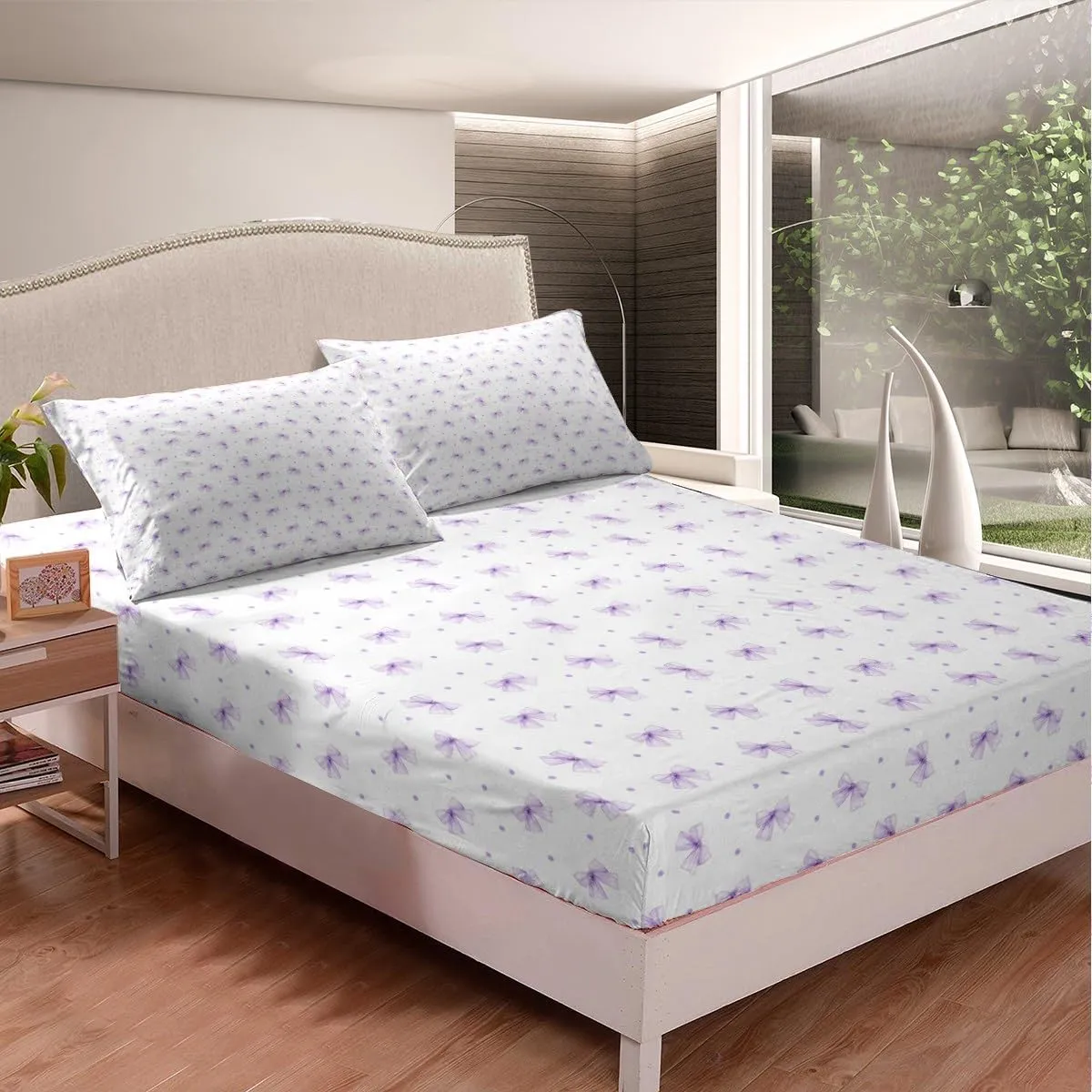 Manfei Purple Cartoon Bowknot Kids Sheet Full Size,Cute Bow Tie Knot Princess Girls Bedding Set,Geometric Dots Patchwork Romantic Chic Bed Sheet Set 4pcs(Fitted   Flat   2 Pillowcases)