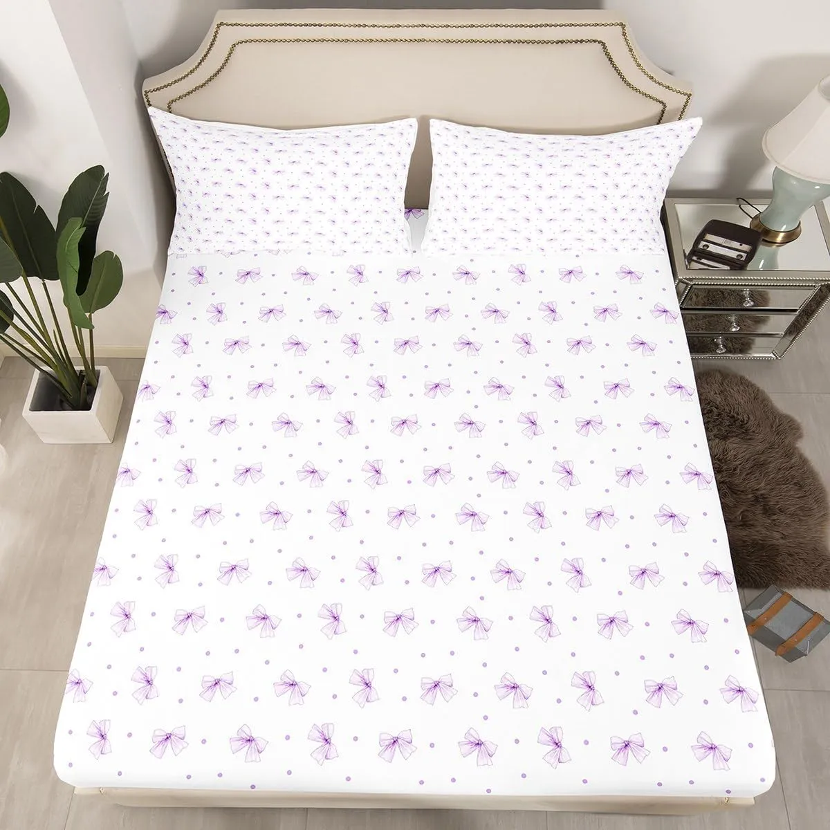 Manfei Purple Cartoon Bowknot Kids Sheet Full Size,Cute Bow Tie Knot Princess Girls Bedding Set,Geometric Dots Patchwork Romantic Chic Bed Sheet Set 4pcs(Fitted   Flat   2 Pillowcases)