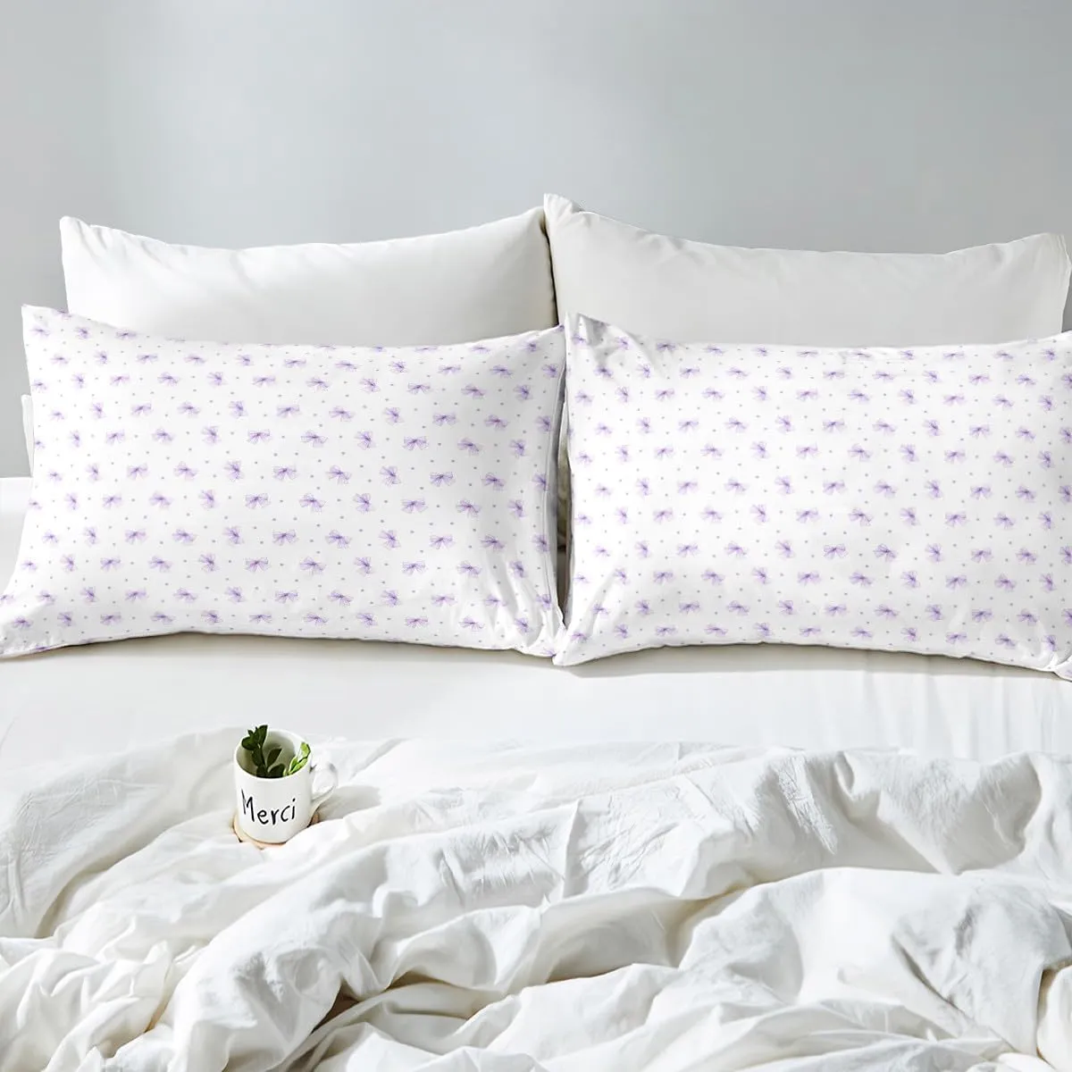 Manfei Purple Cartoon Bowknot Kids Sheet Full Size,Cute Bow Tie Knot Princess Girls Bedding Set,Geometric Dots Patchwork Romantic Chic Bed Sheet Set 4pcs(Fitted   Flat   2 Pillowcases)