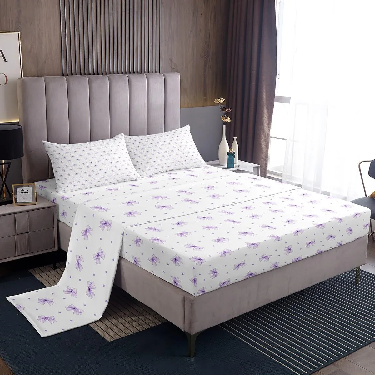 Manfei Purple Cartoon Bowknot Kids Sheet Full Size,Cute Bow Tie Knot Princess Girls Bedding Set,Geometric Dots Patchwork Romantic Chic Bed Sheet Set 4pcs(Fitted   Flat   2 Pillowcases)
