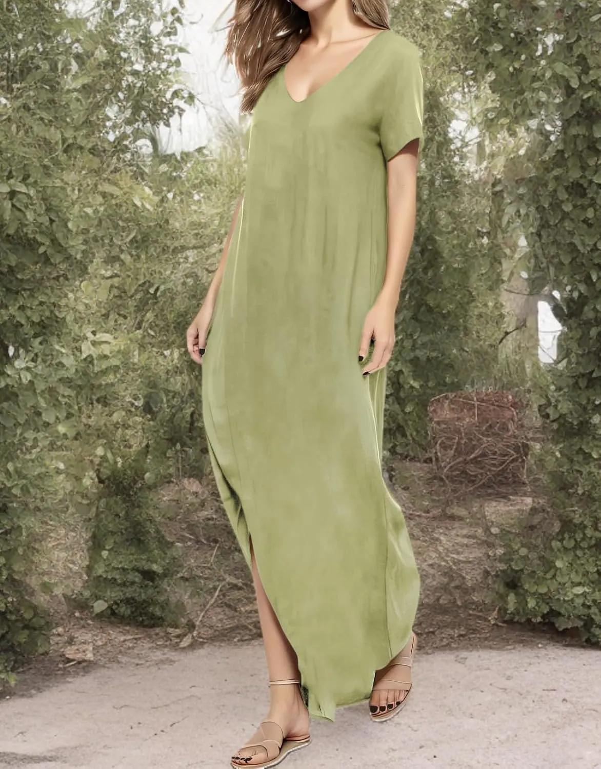 Match Women's V-Neck Casual Loose Short Sleeve Long T-Shirt Dress Split Maxi Dress with Side Pocket