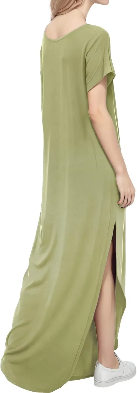 Match Women's V-Neck Casual Loose Short Sleeve Long T-Shirt Dress Split Maxi Dress with Side Pocket