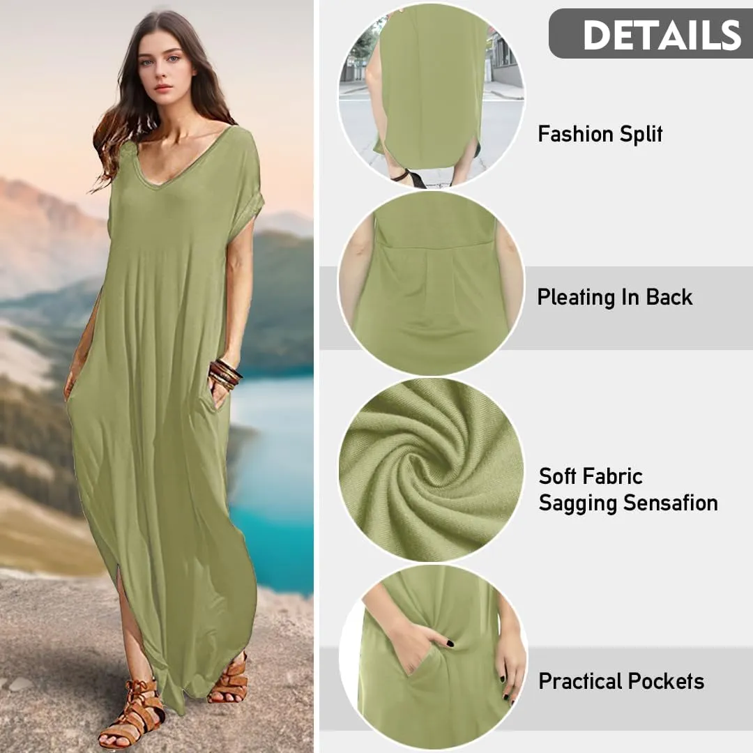 Match Women's V-Neck Casual Loose Short Sleeve Long T-Shirt Dress Split Maxi Dress with Side Pocket
