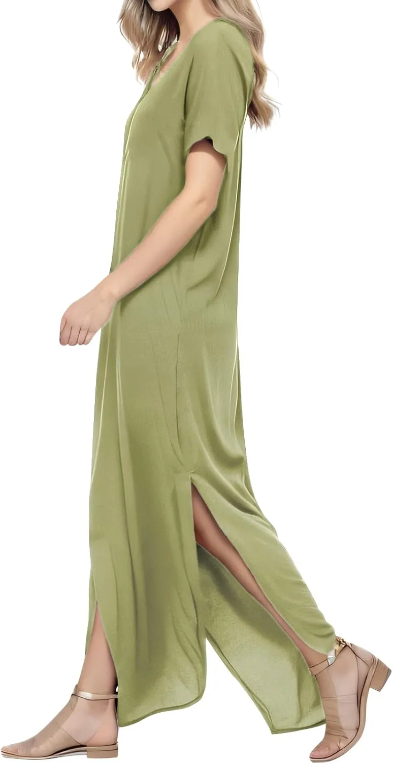 Match Women's V-Neck Casual Loose Short Sleeve Long T-Shirt Dress Split Maxi Dress with Side Pocket