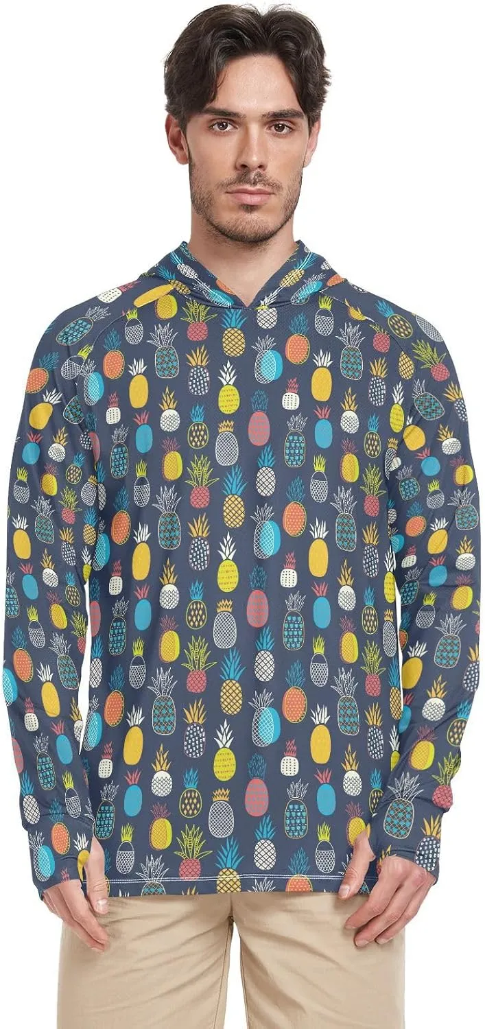 Men Sun Protection Hoodies Long Sleeve Colorful Pineapples Sun Shirt with Hood UPF 50  Hooded Fishing Shirts UV Rash