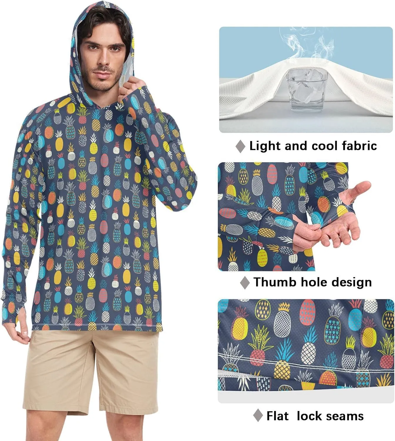 Men Sun Protection Hoodies Long Sleeve Colorful Pineapples Sun Shirt with Hood UPF 50  Hooded Fishing Shirts UV Rash