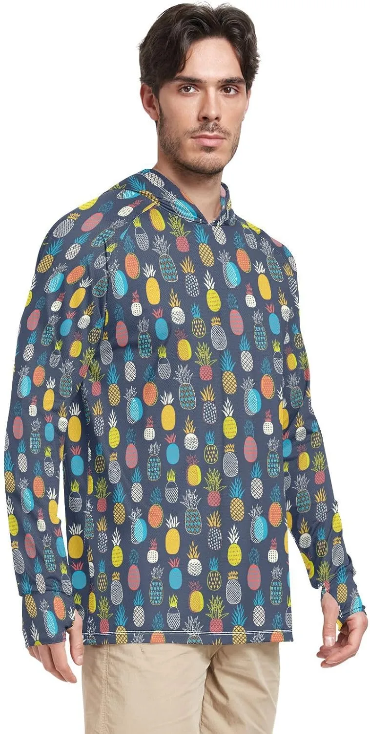 Men Sun Protection Hoodies Long Sleeve Colorful Pineapples Sun Shirt with Hood UPF 50  Hooded Fishing Shirts UV Rash