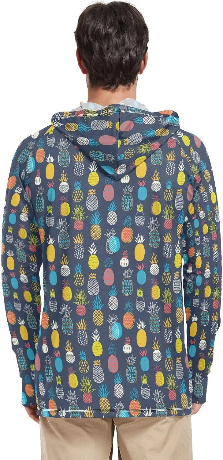 Men Sun Protection Hoodies Long Sleeve Colorful Pineapples Sun Shirt with Hood UPF 50  Hooded Fishing Shirts UV Rash