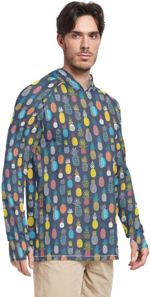 Men Sun Protection Hoodies Long Sleeve Colorful Pineapples Sun Shirt with Hood UPF 50  Hooded Fishing Shirts UV Rash