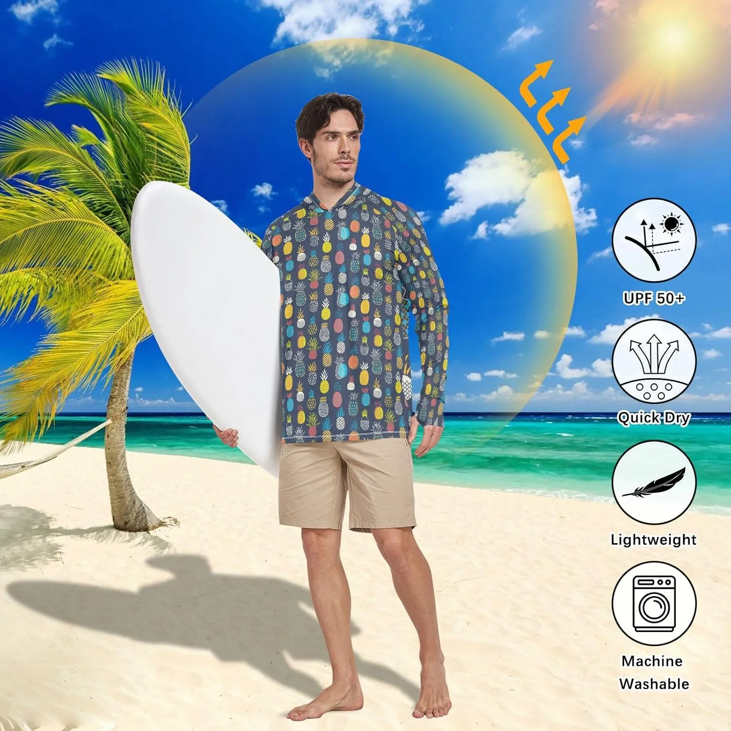 Men Sun Protection Hoodies Long Sleeve Colorful Pineapples Sun Shirt with Hood UPF 50  Hooded Fishing Shirts UV Rash