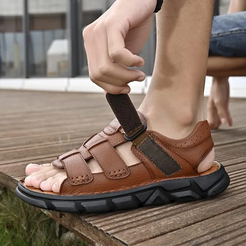 Men's Sandals Leather Open Toe Outdoor Sport Adjustable Summer Beach Shoes