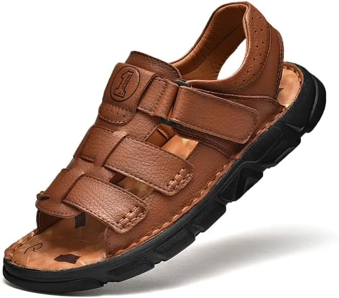 Men's Sandals Leather Open Toe Outdoor Sport Adjustable Summer Beach Shoes