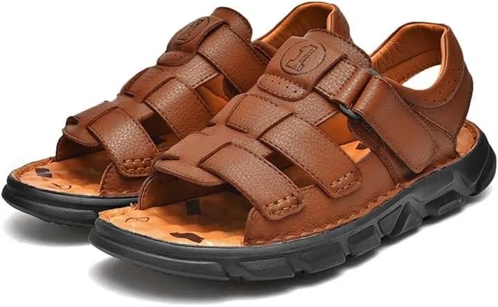 Men's Sandals Leather Open Toe Outdoor Sport Adjustable Summer Beach Shoes