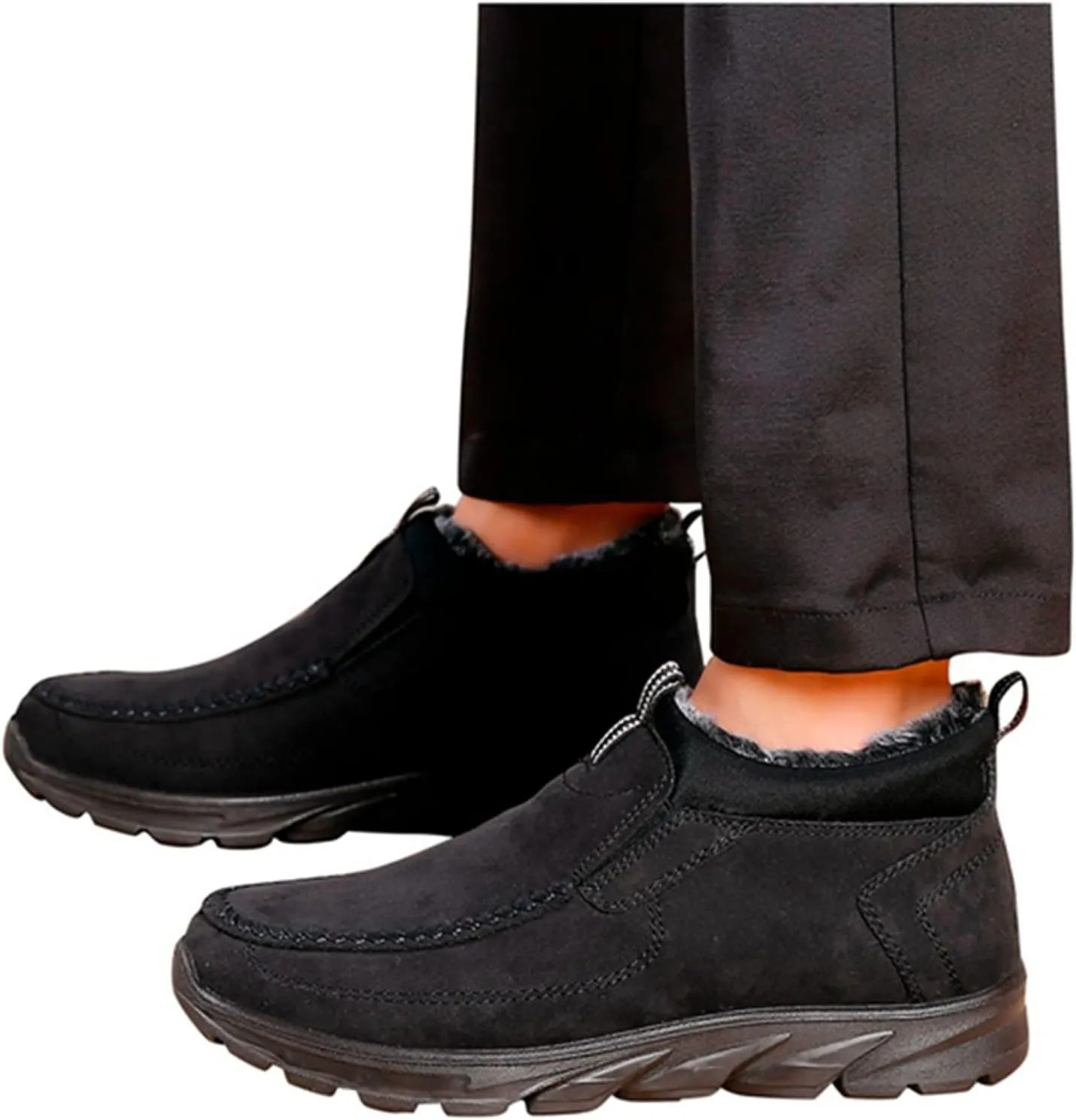 Men's Snow Boots Solid Color Flat Lazy Shoes Round Toe Slip On Ankle Booties Winter Fur Lined Sneaker Outdoor Walking Shoes