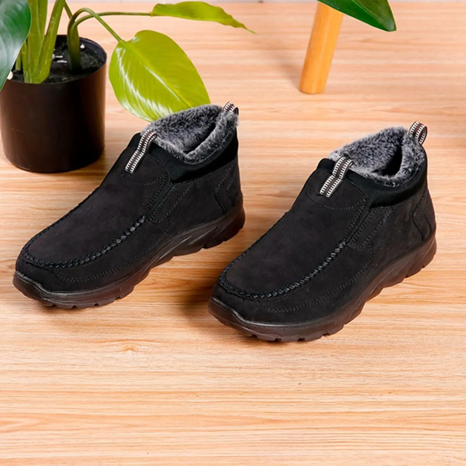 Men's Snow Boots Solid Color Flat Lazy Shoes Round Toe Slip On Ankle Booties Winter Fur Lined Sneaker Outdoor Walking Shoes
