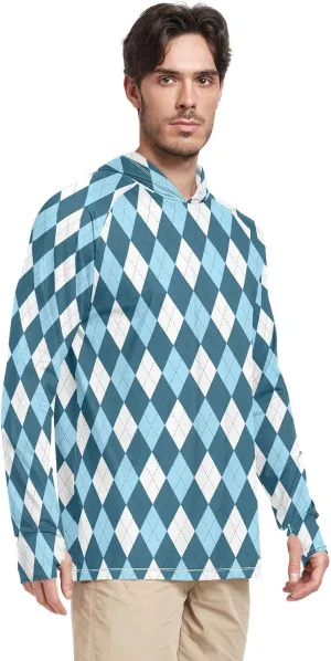 Mens Sun Protection Hoodie Long Sleeve Argyle Plaid Fishing Shirt UPF 50  Clothing Hood Shirts Rash Guard Men UV