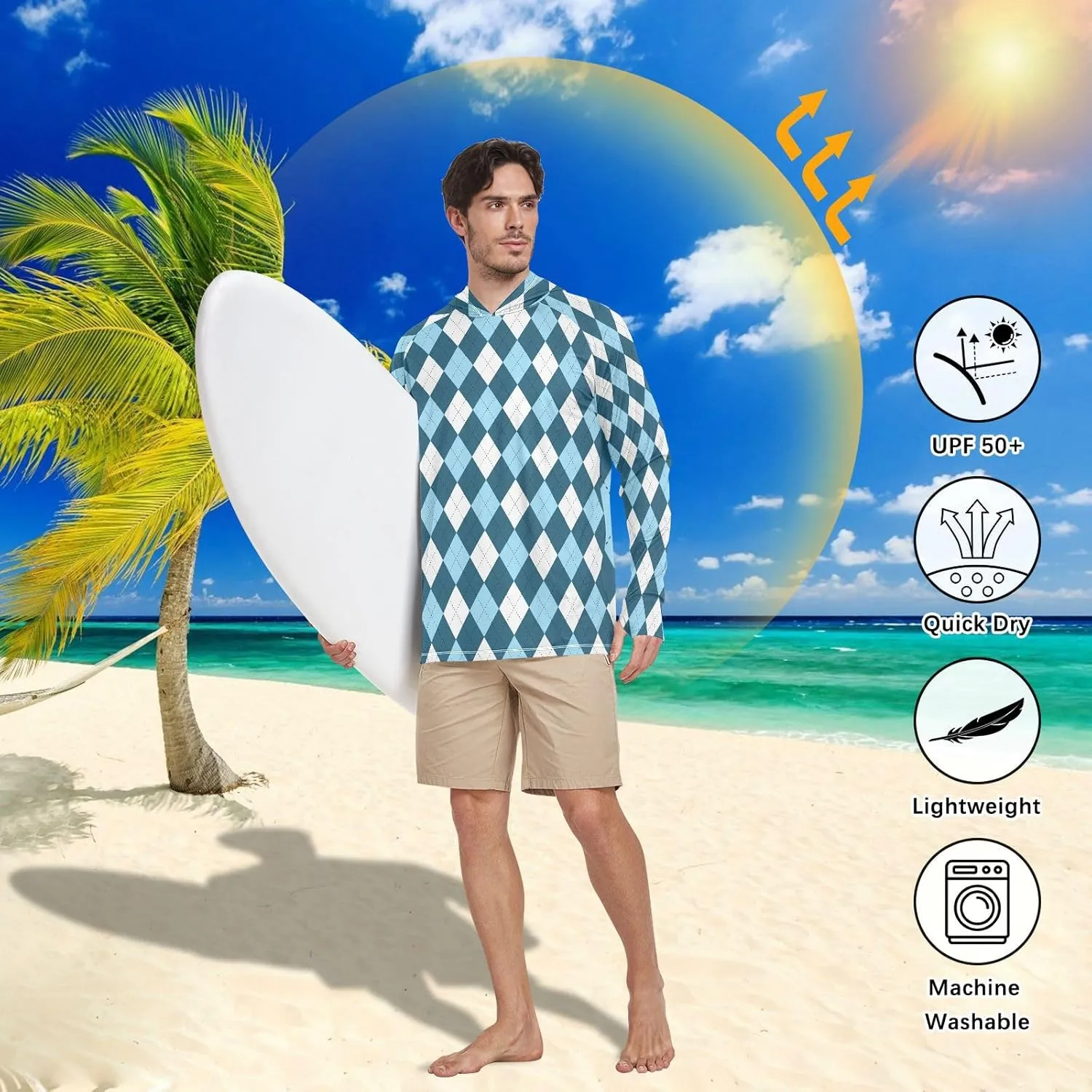 Mens Sun Protection Hoodie Long Sleeve Argyle Plaid Fishing Shirt UPF 50  Clothing Hood Shirts Rash Guard Men UV
