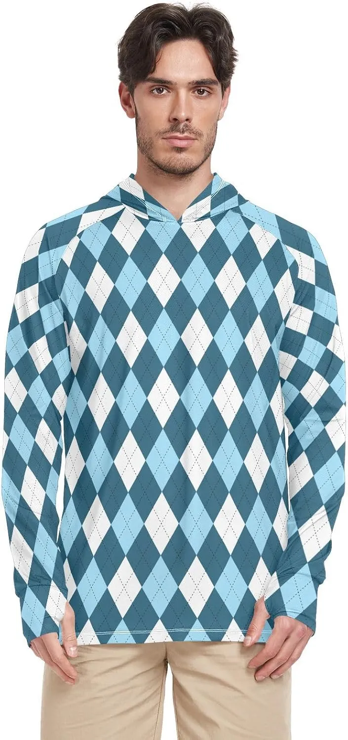 Mens Sun Protection Hoodie Long Sleeve Argyle Plaid Fishing Shirt UPF 50  Clothing Hood Shirts Rash Guard Men UV