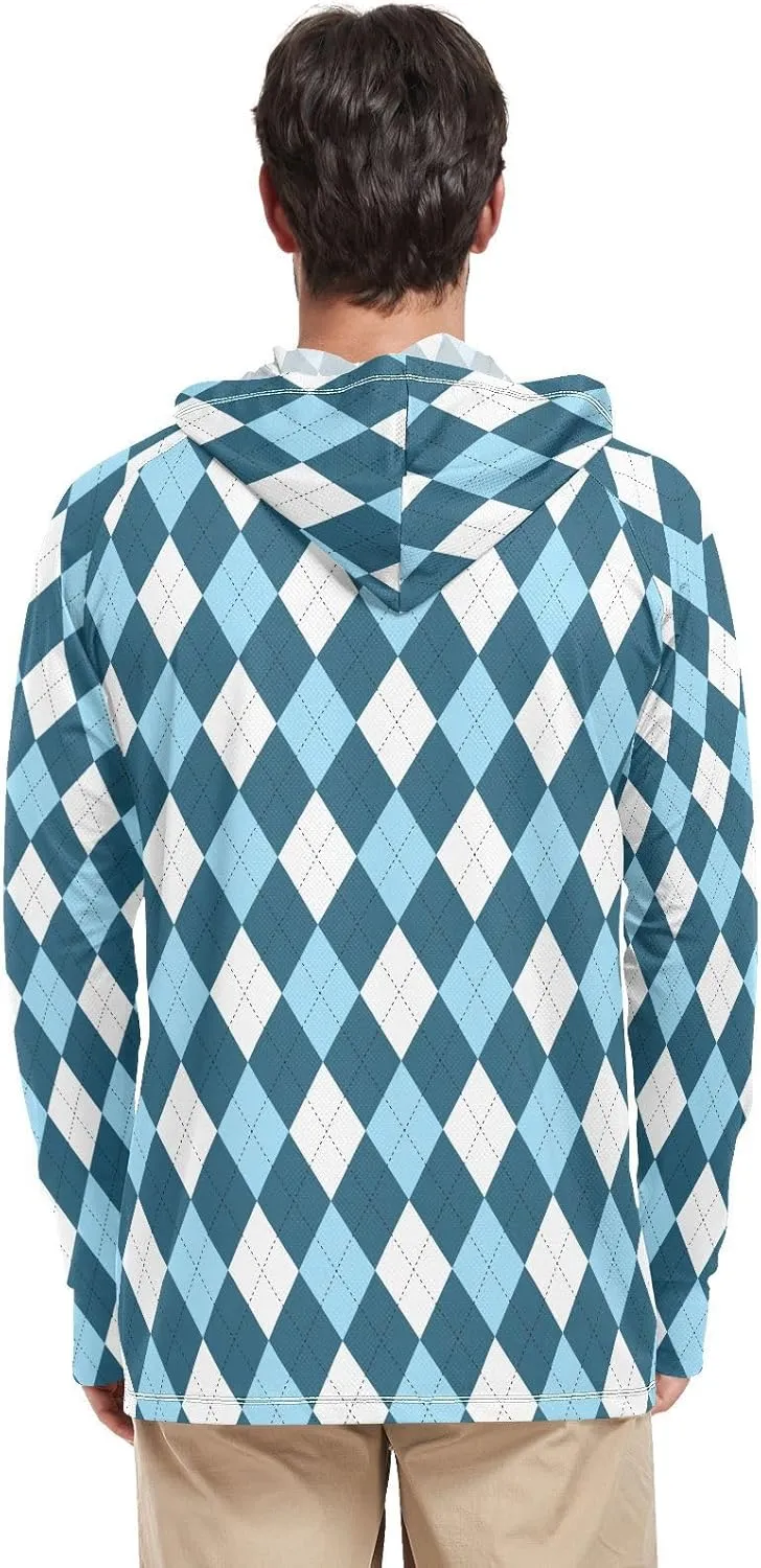 Mens Sun Protection Hoodie Long Sleeve Argyle Plaid Fishing Shirt UPF 50  Clothing Hood Shirts Rash Guard Men UV