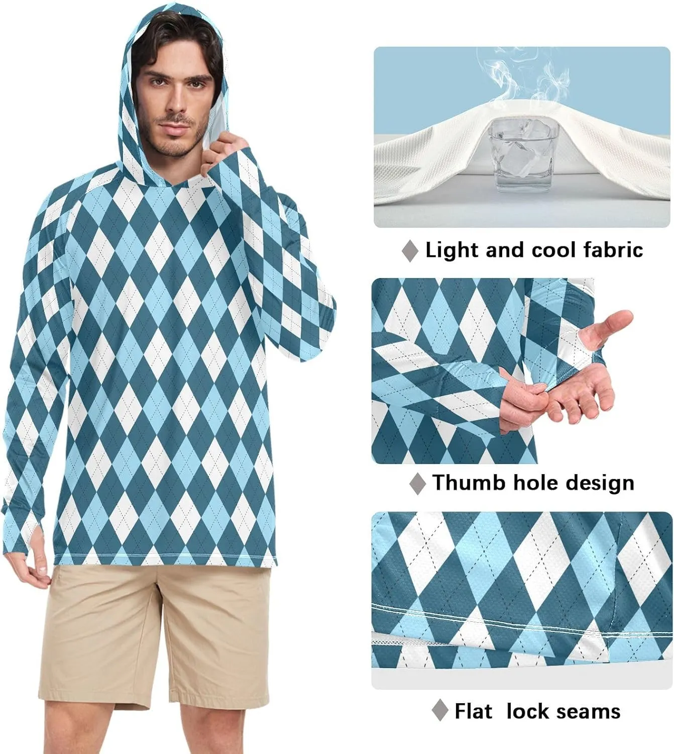 Mens Sun Protection Hoodie Long Sleeve Argyle Plaid Fishing Shirt UPF 50  Clothing Hood Shirts Rash Guard Men UV