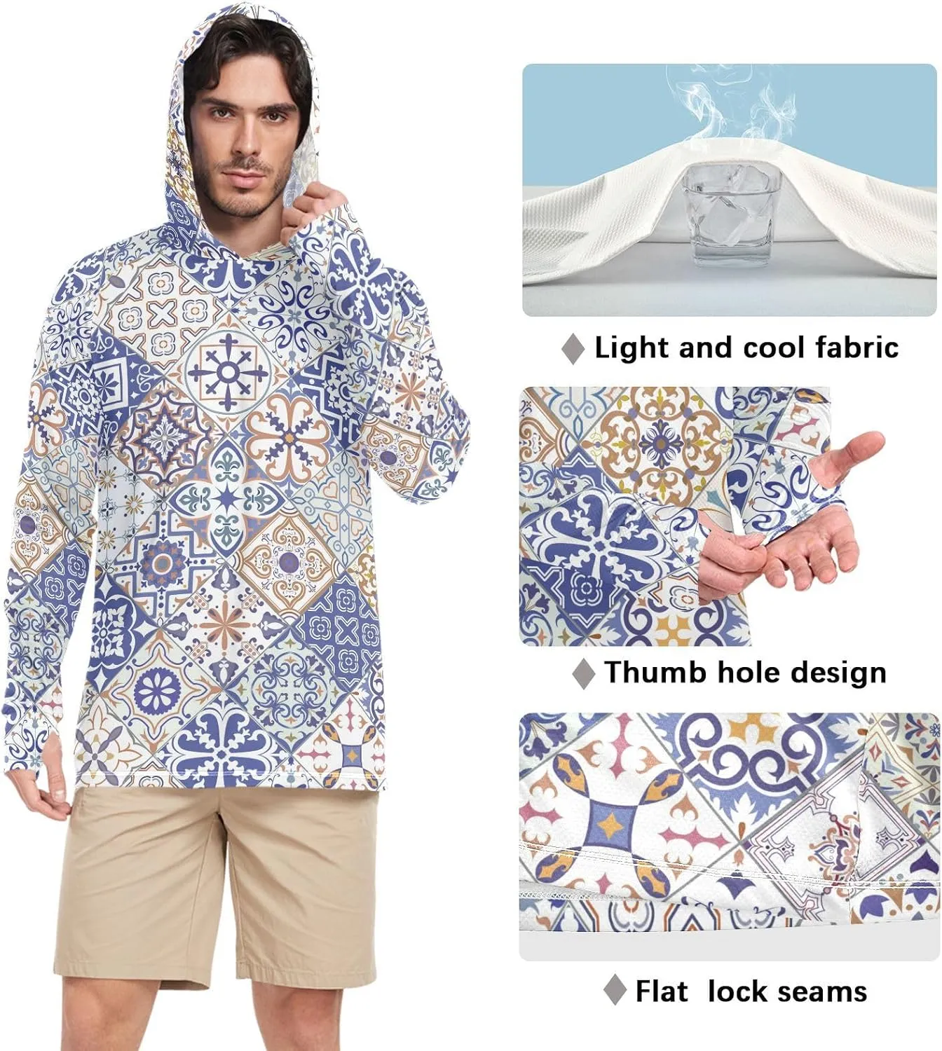Men's Sun Protection Hoodie Long Sleeve Mandala Geometry Fishing Shirt UPF 50  Sun Hoodies UV Rash Guard Hooded