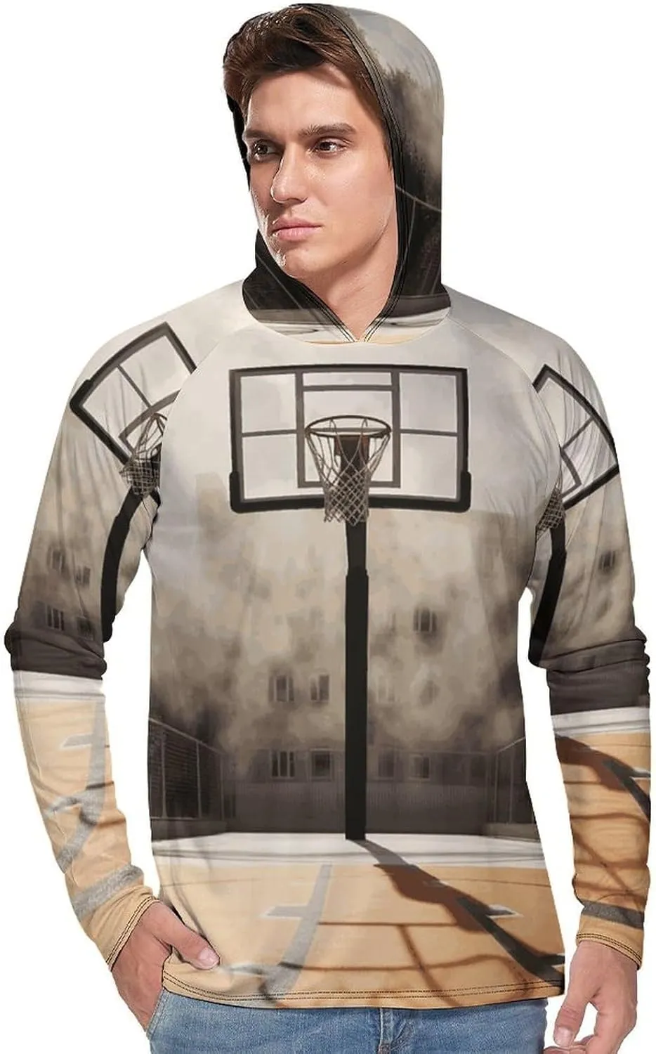 Men's Sun Protection Hoodie Shirts UPF 50  Long Sleeve Rash Guard Amazing Basketball Court Sun Shirt Outdoor
