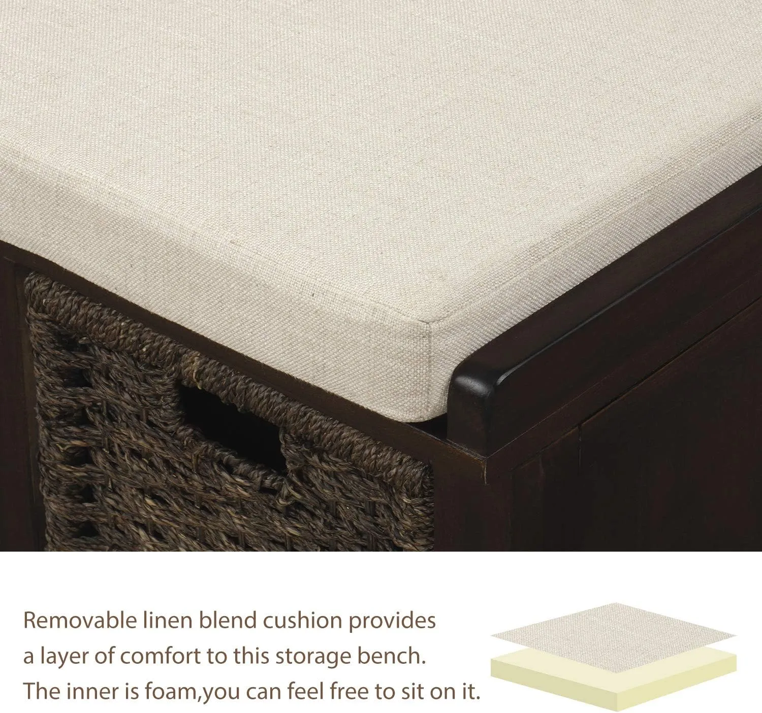 Merax Rustic Entryway Storage Bench with 3 Removable Basket, Shoe Bench Storage Bench with Removable Cushion for Living Room, Entryway, Hallway