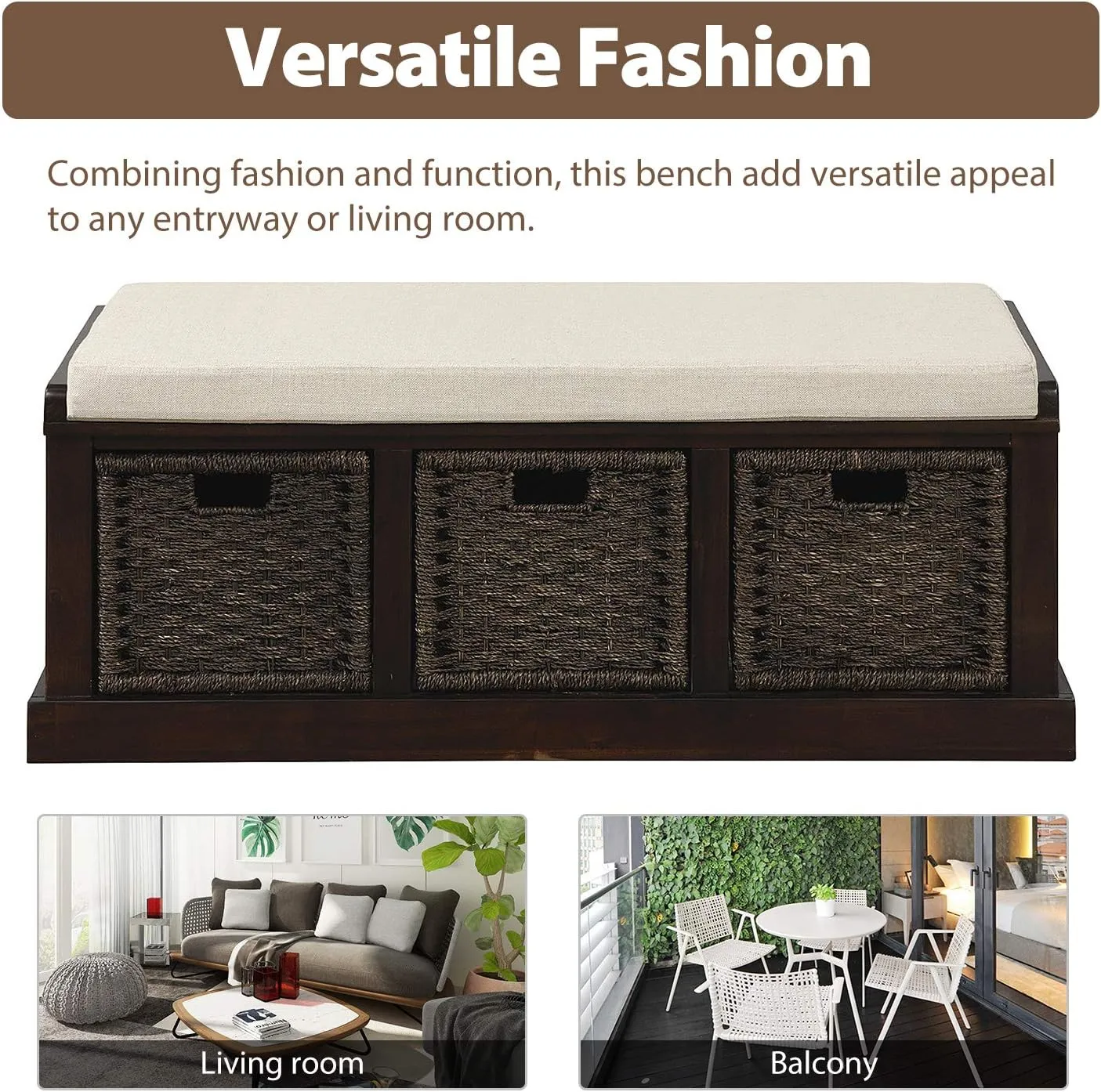 Merax Rustic Entryway Storage Bench with 3 Removable Basket, Shoe Bench Storage Bench with Removable Cushion for Living Room, Entryway, Hallway
