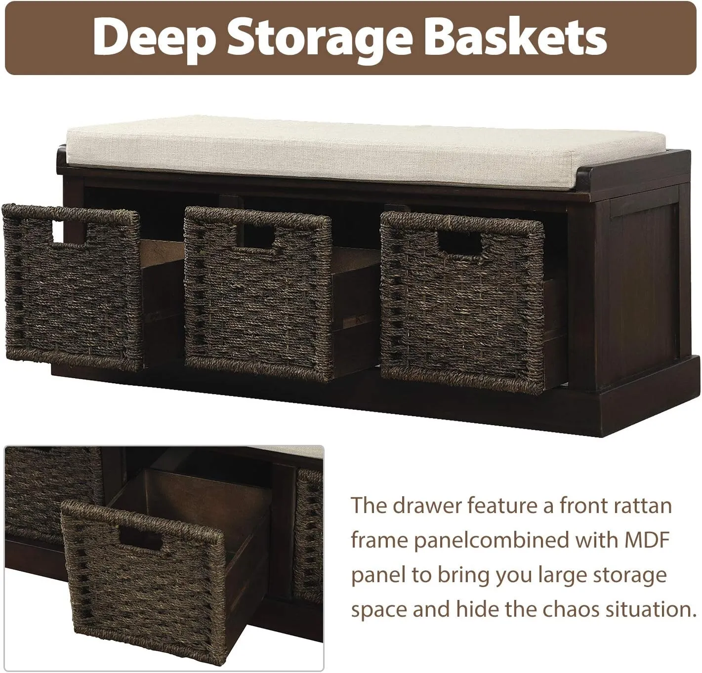 Merax Rustic Entryway Storage Bench with 3 Removable Basket, Shoe Bench Storage Bench with Removable Cushion for Living Room, Entryway, Hallway