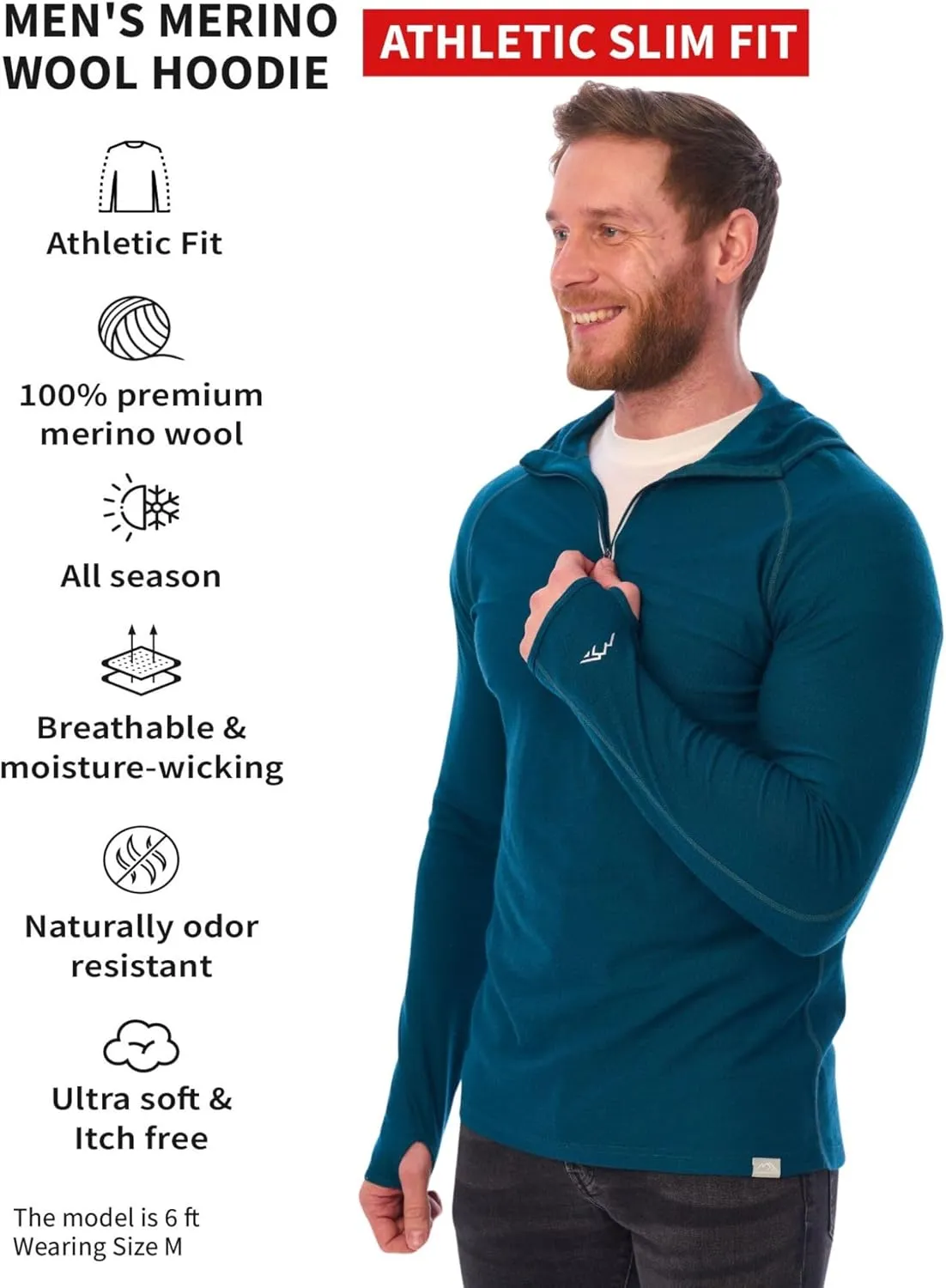 Merino.tech 100% Merino Wool Hoodie Men - Slim Fit Merino Wool Base Layer Mens Half Zip Thermal Long Sleeve Shirt and Socks