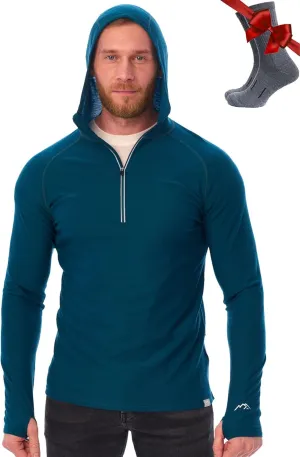 Merino.tech 100% Merino Wool Hoodie Men - Slim Fit Merino Wool Base Layer Mens Half Zip Thermal Long Sleeve Shirt and Socks