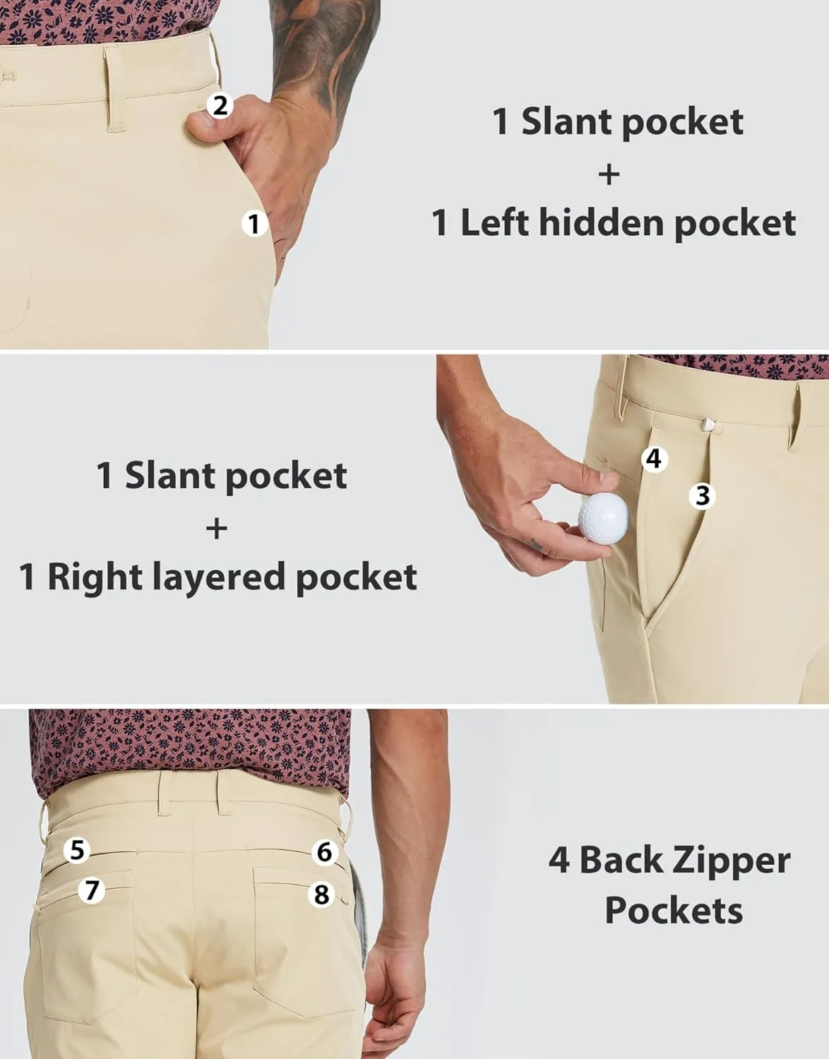 MICHEL ROUEN Golf Shorts Men 7" Solid 8 Pockets Lightweight Water-Resistant Flat Front Flex Stretch Casual Mens Dress Shorts