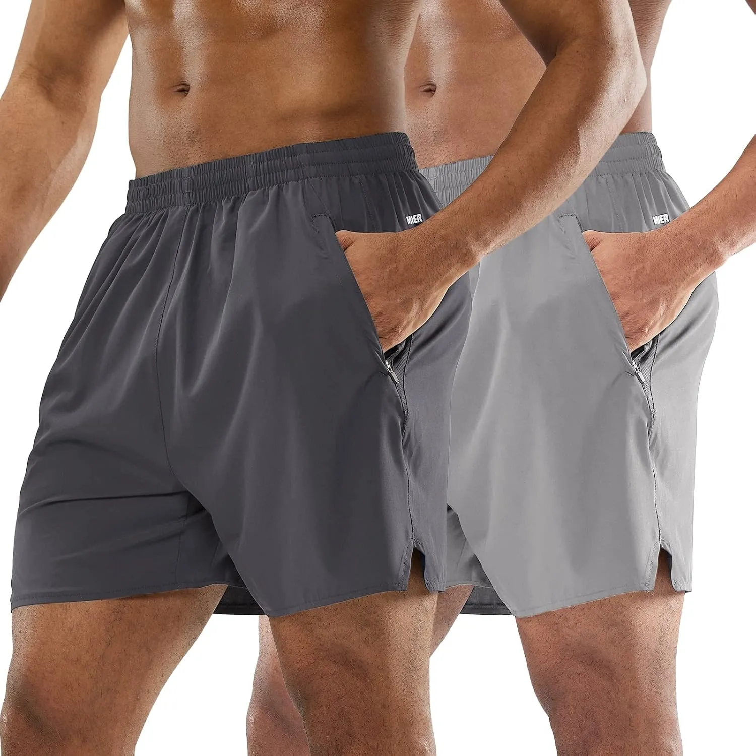 MIER Men's Athletic Shorts 5 Inch Lightweight Running Workout Gym Shorts with Zipper Pockets, 2 Pack