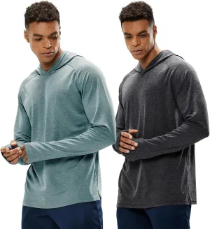 MIER Men's UPF 50  Sun Protection Hoodie Long Sleeve SPF Fishing Hiking Thumbhole Shirts Hooded Quick Dry, 2 Pack