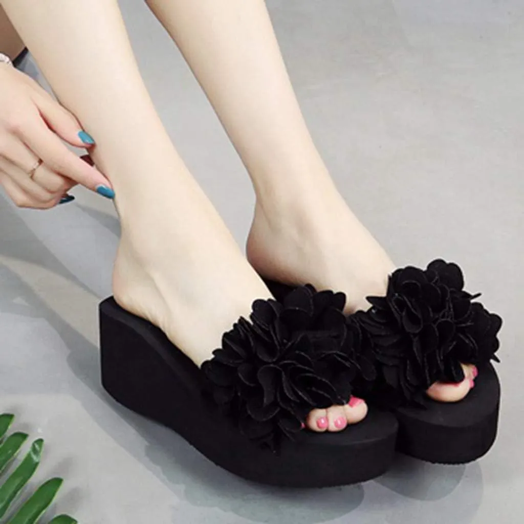 MIOKE Womens Boho Flowers Wedge Slide Sandals Summer Platform Comfort Nonslip High Heel Beach Sandals