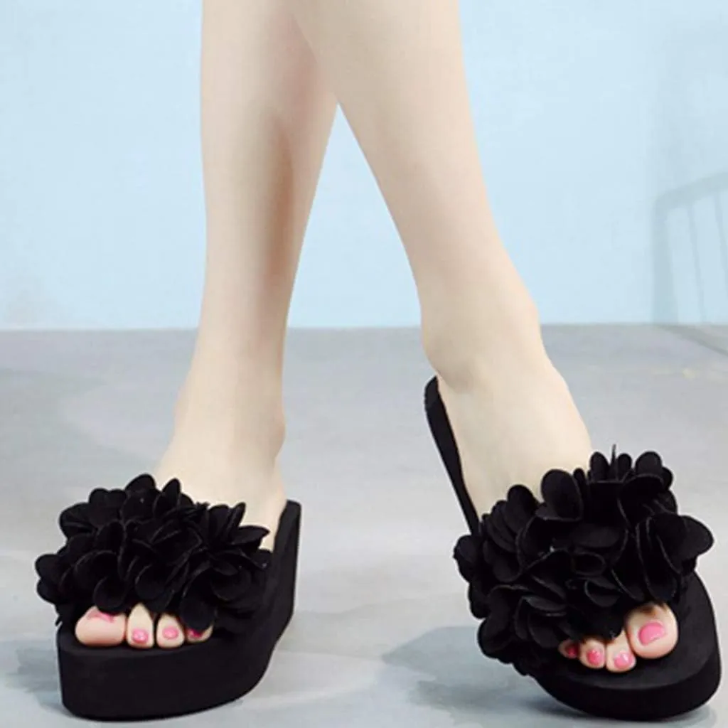 MIOKE Womens Boho Flowers Wedge Slide Sandals Summer Platform Comfort Nonslip High Heel Beach Sandals