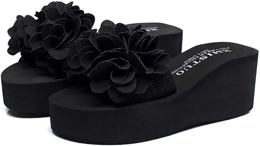 MIOKE Womens Boho Flowers Wedge Slide Sandals Summer Platform Comfort Nonslip High Heel Beach Sandals