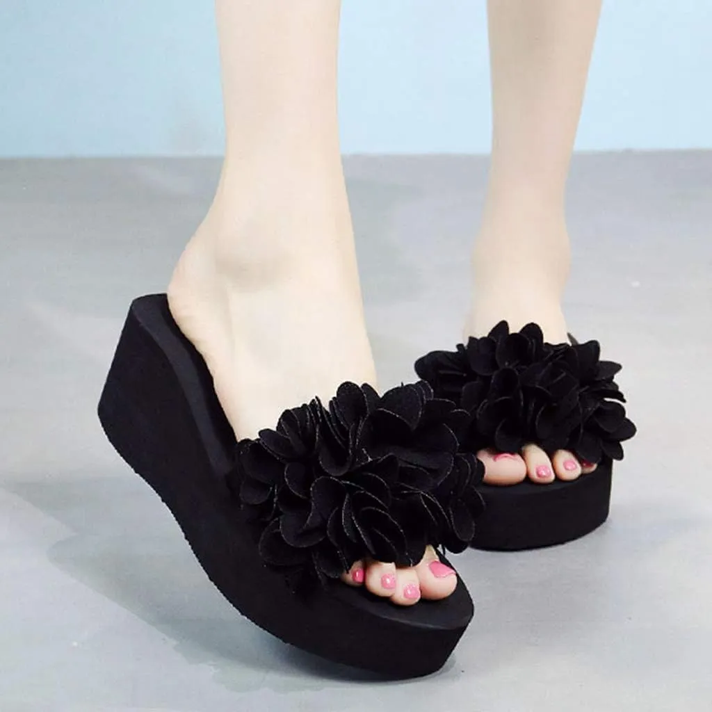 MIOKE Womens Boho Flowers Wedge Slide Sandals Summer Platform Comfort Nonslip High Heel Beach Sandals