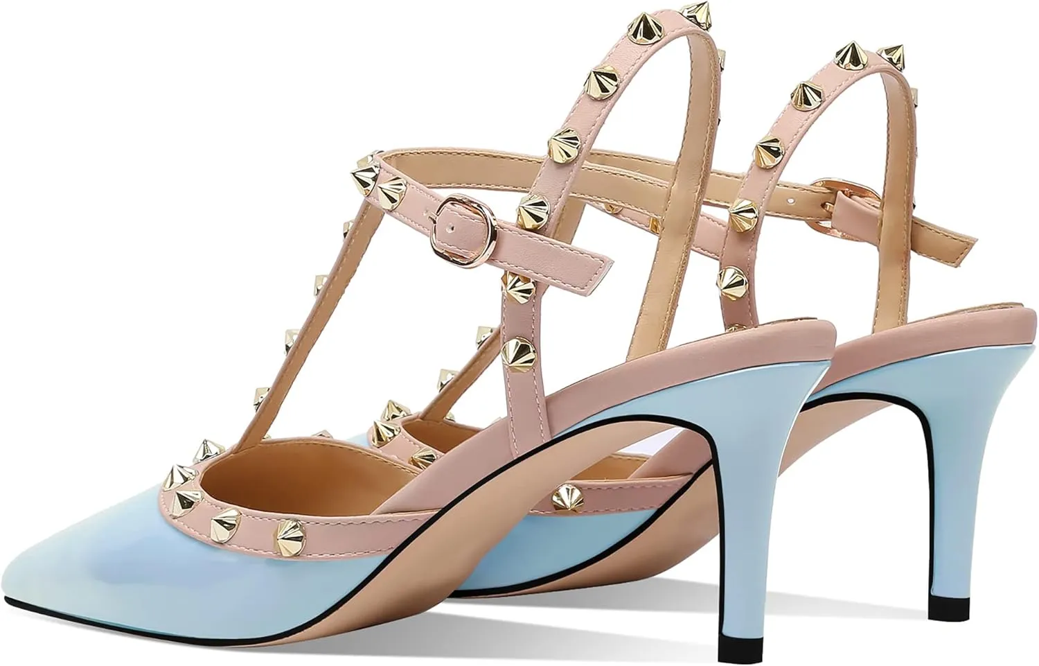 MIRAAZZURRA Women Heeled Sandals Rivet Studded T-Strap Wedding Shoes Stiletto High Heels Pointed Toe Slip On Bridal Pumps for Women