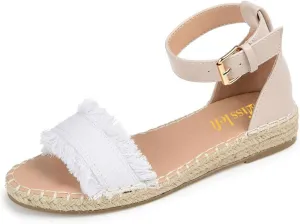 miss left Women Comfort Open Round Toe Espadrille Wedge Sandals Fringy Strap Buckles Low Heeled Shoes for Summer Holiday Beach Seaside Size 4-16 US
