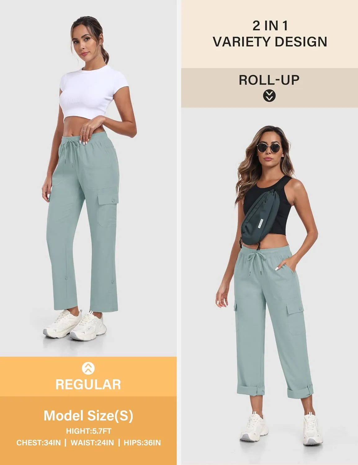 MoFiz Women's Hiking Pants Roll Up Convertible Capri Pant Lightweight Quick Dry Outdoor Travel Athletic Pants Pockets