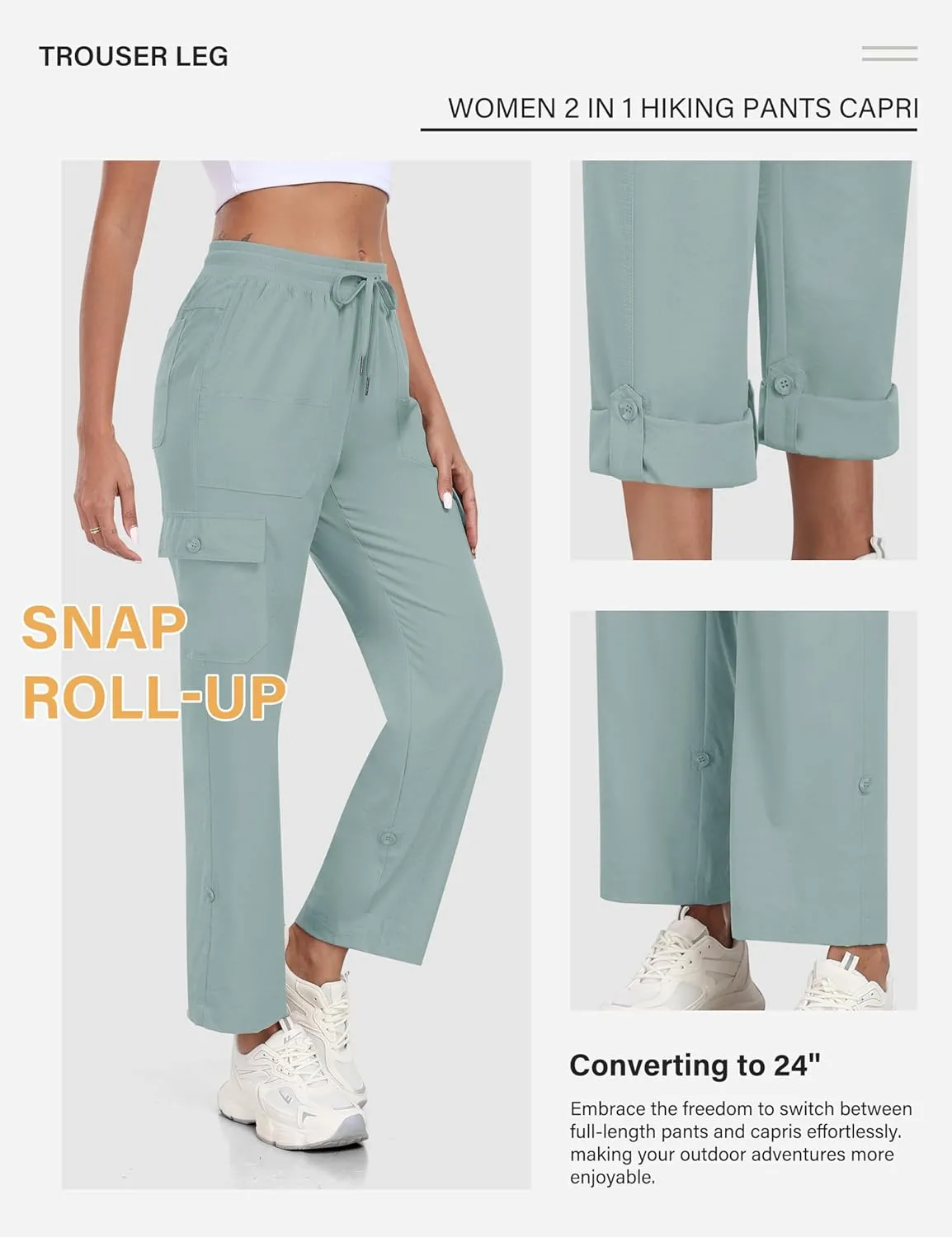 MoFiz Women's Hiking Pants Roll Up Convertible Capri Pant Lightweight Quick Dry Outdoor Travel Athletic Pants Pockets