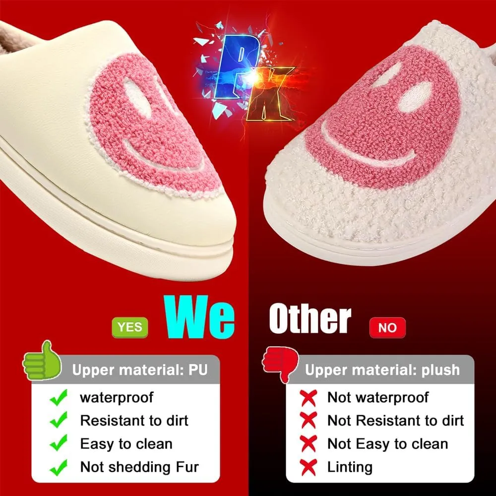 MOLATIN Cute smiling face Slippers for Women and Men，Women's Men's Retro Preppy Happy Face Slippers,Plush Slip-On Warm House Slipper for Winter,Non-slip PU Flat Slides