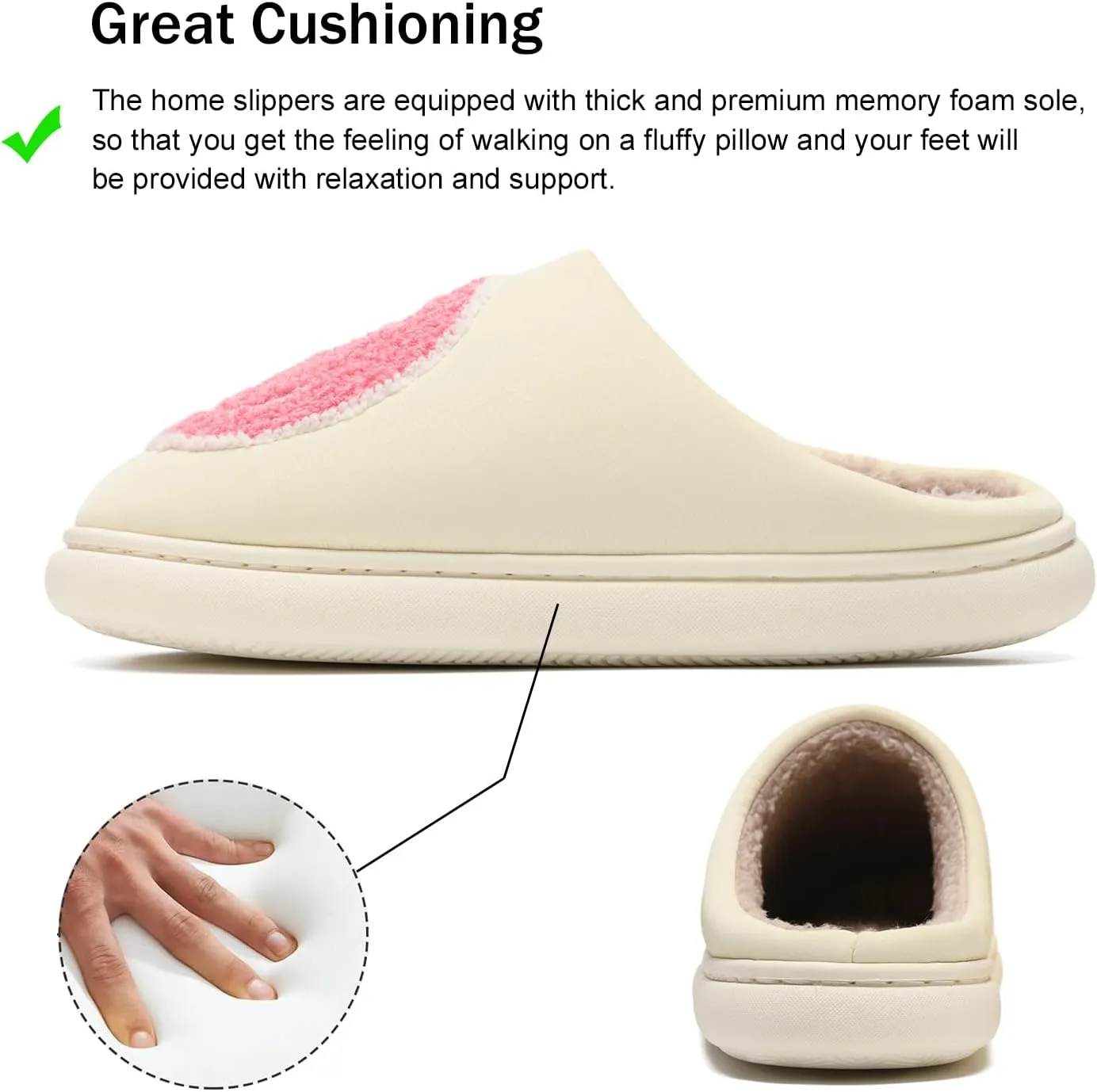 MOLATIN Cute smiling face Slippers for Women and Men，Women's Men's Retro Preppy Happy Face Slippers,Plush Slip-On Warm House Slipper for Winter,Non-slip PU Flat Slides