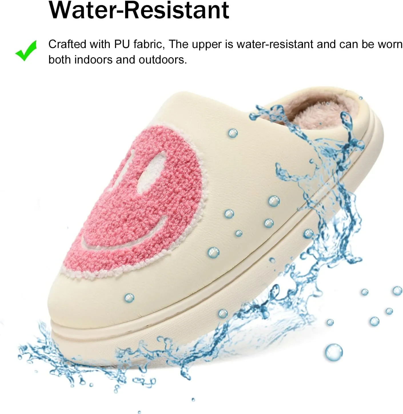 MOLATIN Cute smiling face Slippers for Women and Men，Women's Men's Retro Preppy Happy Face Slippers,Plush Slip-On Warm House Slipper for Winter,Non-slip PU Flat Slides