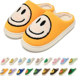 MOLATIN Cute smiling face Slippers for Women and Men，Women's Men's Retro Preppy Happy Face Slippers,Plush Slip-On Warm House Slipper for Winter,Non-slip PU Flat Slides